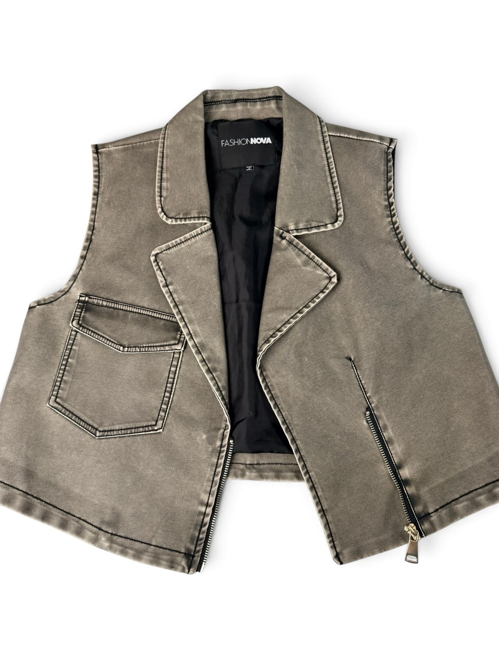 Fashion Nova Moto Vest Size L Gray Acid Wash Sleeveless Biker Zip Utility